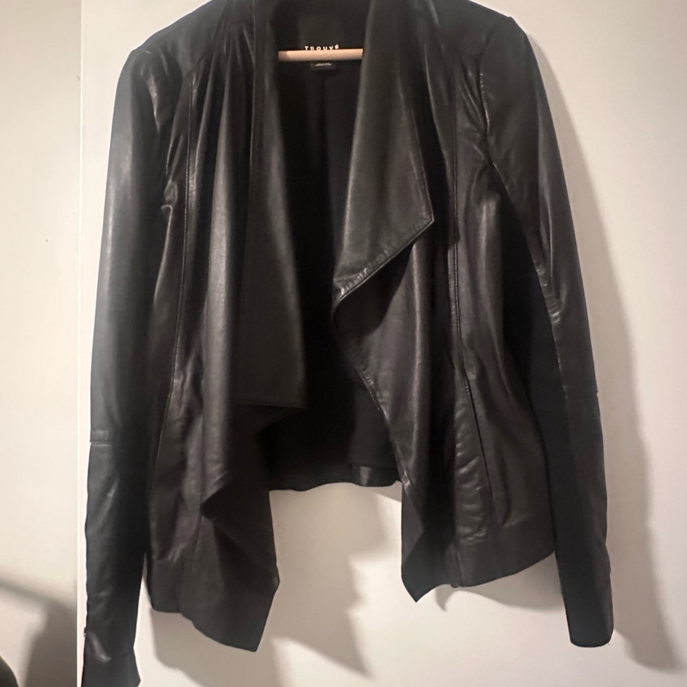 Trouve Black Leather Jacket with Asymmetrical Collar and Fitted Silhouette